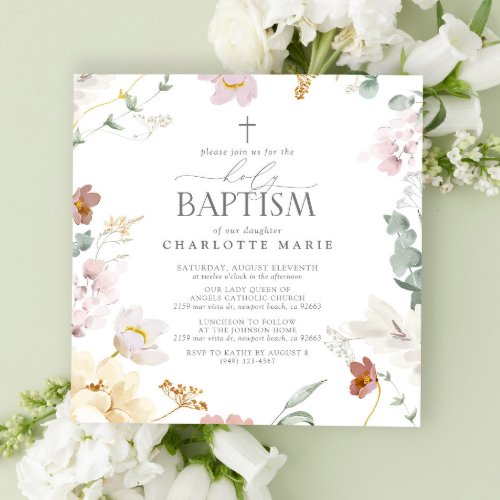Elegant Holy Baptism Blush Pink Watercolor Flowers Invitation