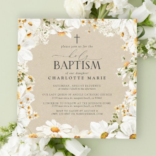 Elegant Holy Baptism Cross Floral Watercolor Daisy Invitation