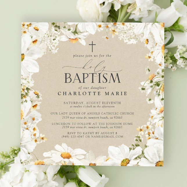 Elegant Holy Baptism Cross Floral Watercolor Daisy Invitation (Holy Baptism Invitations!)