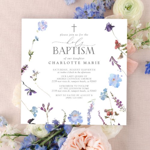Elegant Holy Baptism Script Dusty Blue Wildflower Invitation