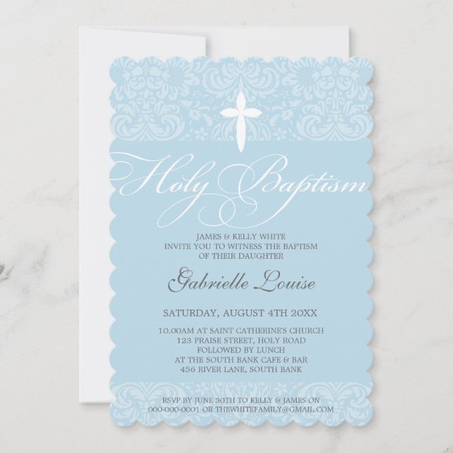 ELEGANT HOLY BAPTISM stylish damask script blue Invitation (Front)
