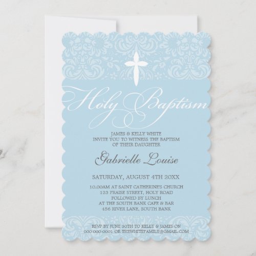 ELEGANT HOLY BAPTISM stylish damask script blue Invitation