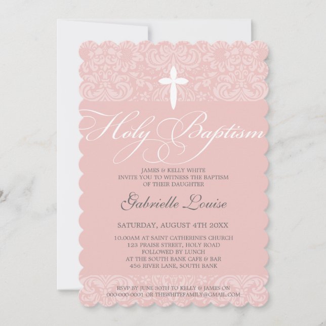 ELEGANT HOLY BAPTISM stylish damask script pink Invitation (Front)