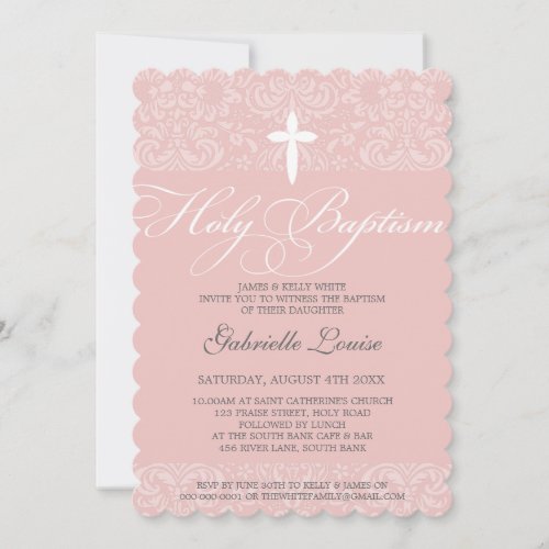 ELEGANT HOLY BAPTISM stylish damask script pink Invitation