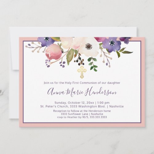 Elegant Holy First Communion Pink and Purple Girl Invitation