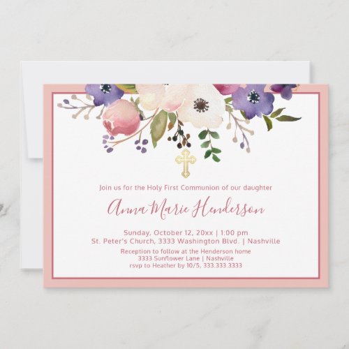 Elegant Holy First Communion Pink Floral Girl Invitation