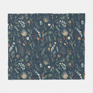 Elegant home decor navy blue botanical modern fleece blanket