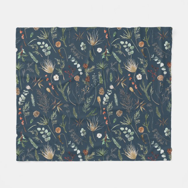 Elegant home decor navy blue botanical modern fleece blanket (Front (Horizontal))