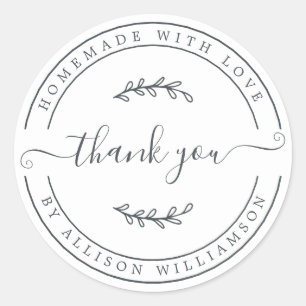 Elegant Homemade With Love Black White Thank You Classic Round Sticker
