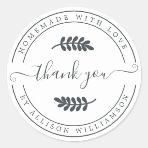 Elegant Homemade With Love Black White Thank You Classic Round Sticker