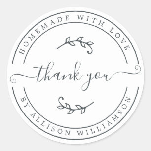 Elegant Homemade With Love Black White Thank You Classic Round Sticker