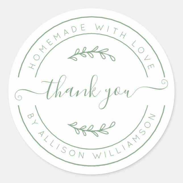 Elegant Homemade With Love Green White Thank You Classic Round Sticker (Front)