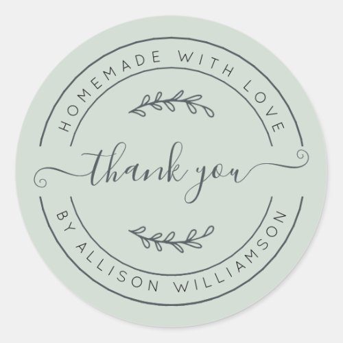 Elegant Homemade With Love Pastel Green Thank You Classic Round Sticker