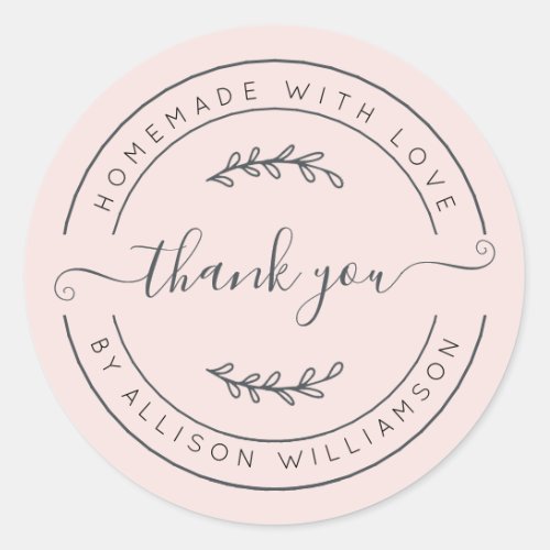 Elegant Homemade With Love Pastel Pink Thank You Classic Round Sticker