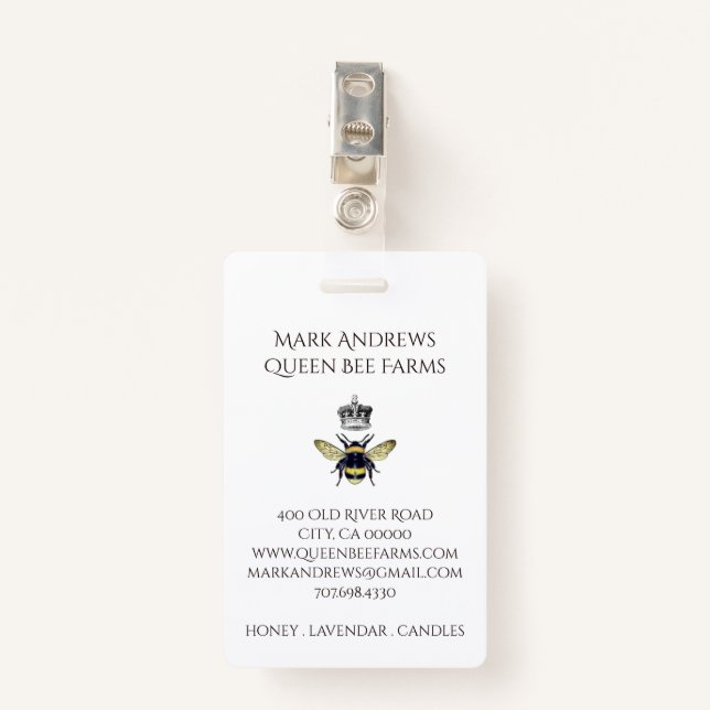 Elegant Honey Bee And Crown Farms Apiary Badge (Front with Clip)