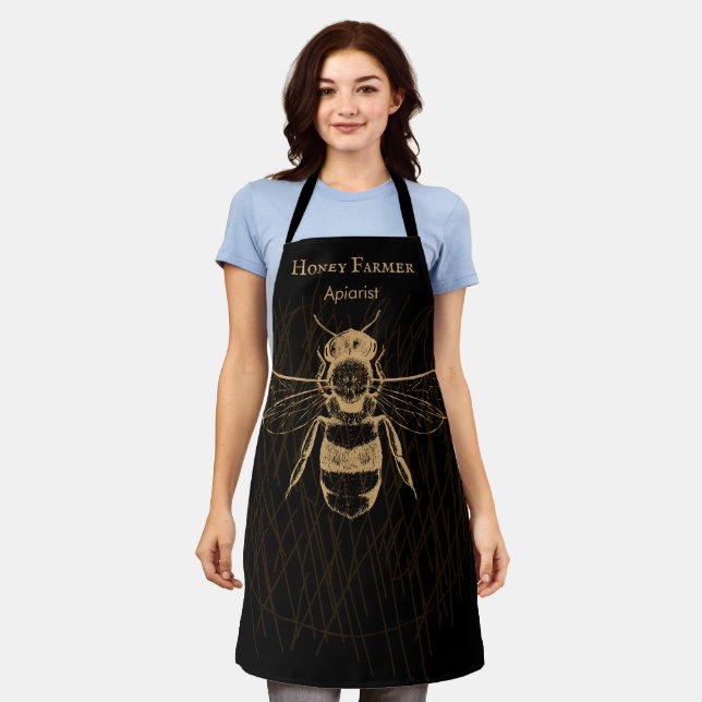 Elegant Honey Bee Boho Black Gold Apiarist Apron (Worn)