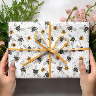 Elegant Honey Bee, Cream Daisies and Black Dots Wrapping Paper
