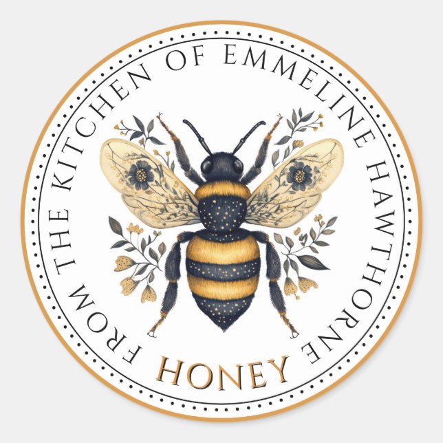 Elegant Honey Bee Floral Honey Label (Front)