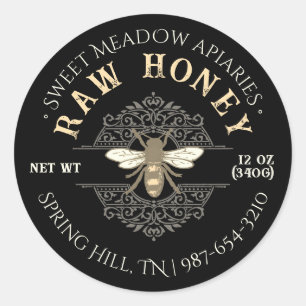 Elegant Honeybee on French Filagree Honey Black Classic Round Sticker