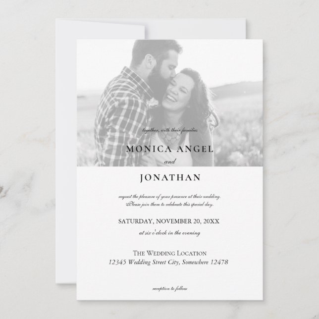 Elegant Horizontal Black & White Photo Wedding- B Invitation (Front)