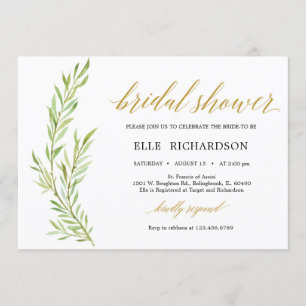 Elegant horizontal greenery gold bridal shower invitation