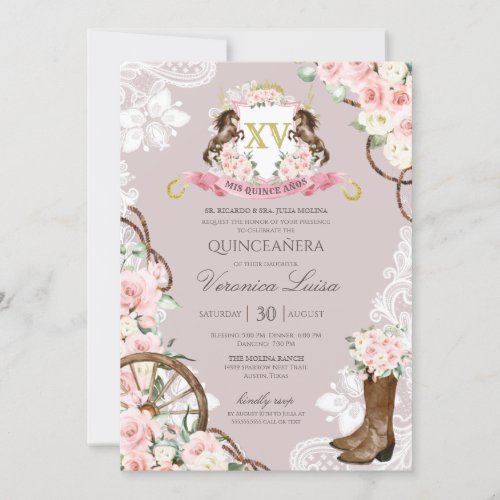 Elegant Horse Crest Pink Gray Charro Quinceanera  Invitation