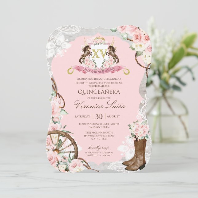 Elegant Horse Crest Rustic Pink Charro Quinceanera Invitation (Standing Front)