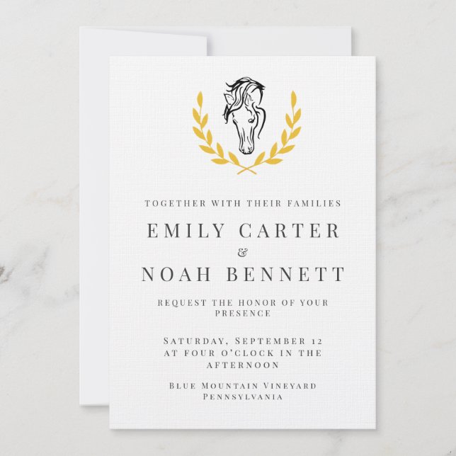 Elegant Horse Crest Wedding Invitation with Laurel (Front)