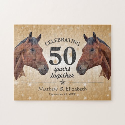 Elegant Horse Custom Gold 50th Wedding Anniversary Jigsaw Puzzle