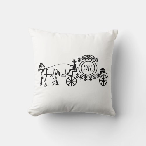Elegant Horse Drawn Wedding Wagon Monogram Throw Pillow
