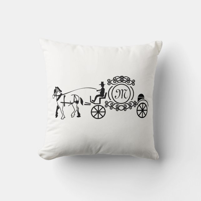 Elegant Horse Drawn Wedding Wagon Monogram Throw Pillow (Front)
