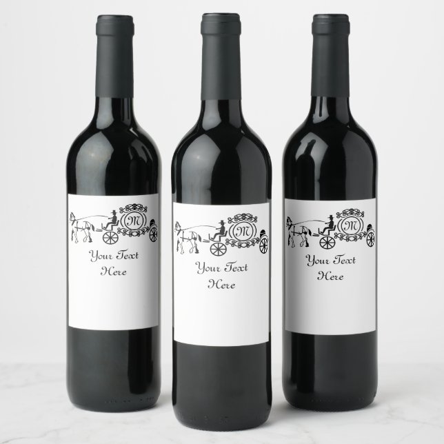 Elegant Horse Drawn Wedding Wagon Monogram Wine Label (Bottles)