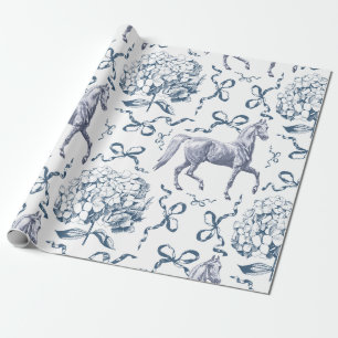 Elegant Horse Hydrangea Bows Dusty Blue Toile Wrapping Paper