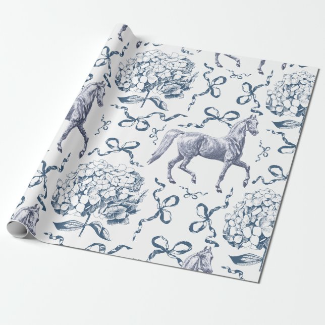 Elegant Horse Hydrangea Bows Dusty Blue Toile Wrapping Paper (Unrolled)