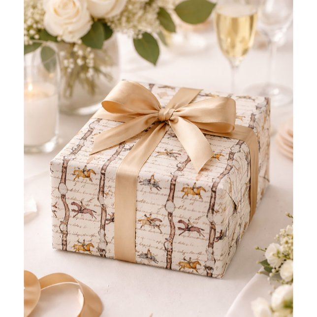 Elegant Horse Riders Belts and Bows Beige Script Wrapping Paper (Creator Uploaded)