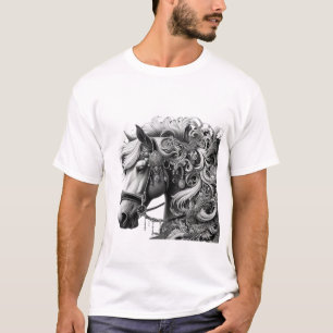 Elegant Horse with Ornamental Details - Black and T-Shirt