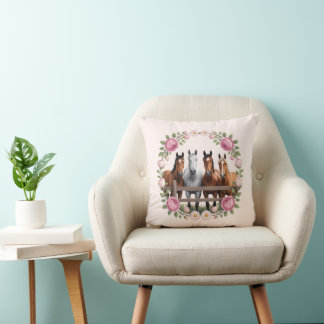 Elegant Horses in Floral Wreath Art Throw Pillow