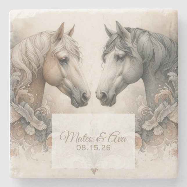 Elegant Horses Wedding Stone Coaster (Front)