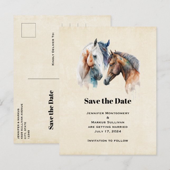 Elegant Horses Western Boho Wedding Save the Date Invitation Postcard (Front/Back)