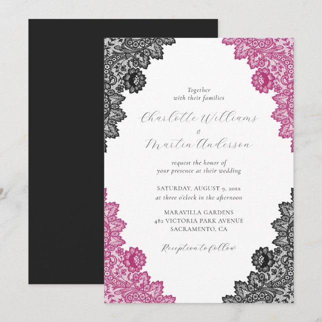 Elegant Hot Pink and Black Floral Lace Wedding Invitation (Front/Back)