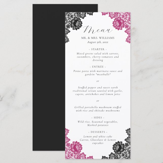 Elegant Hot Pink and Black Floral Lace Wedding Menu (Front/Back)
