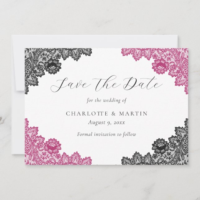 Elegant Hot Pink and Black Floral Lace Wedding Save The Date (Front)