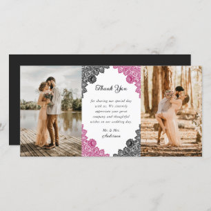 Elegant Hot Pink and Black Floral Wedding Photo Thank You Card