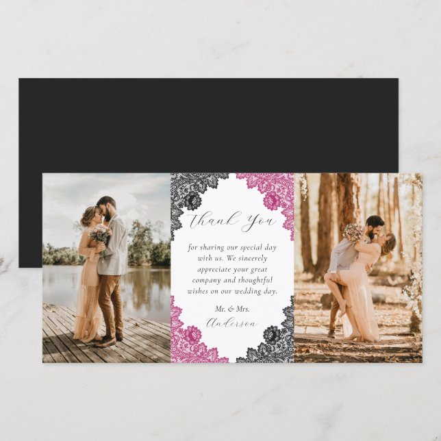Elegant Hot Pink and Black Floral Wedding Photo Thank You Card (Front/Back)