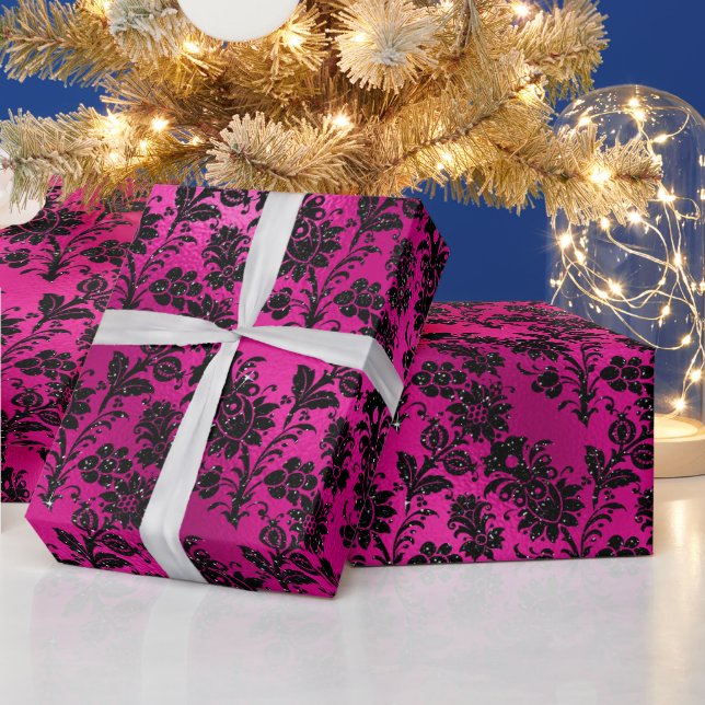 Elegant Hot Pink and Black Glitter Flowers Pattern Wrapping Paper (Holidays)