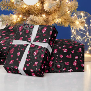 Elegant Hot Pink and Black Glitter Leopard Spots Wrapping Paper