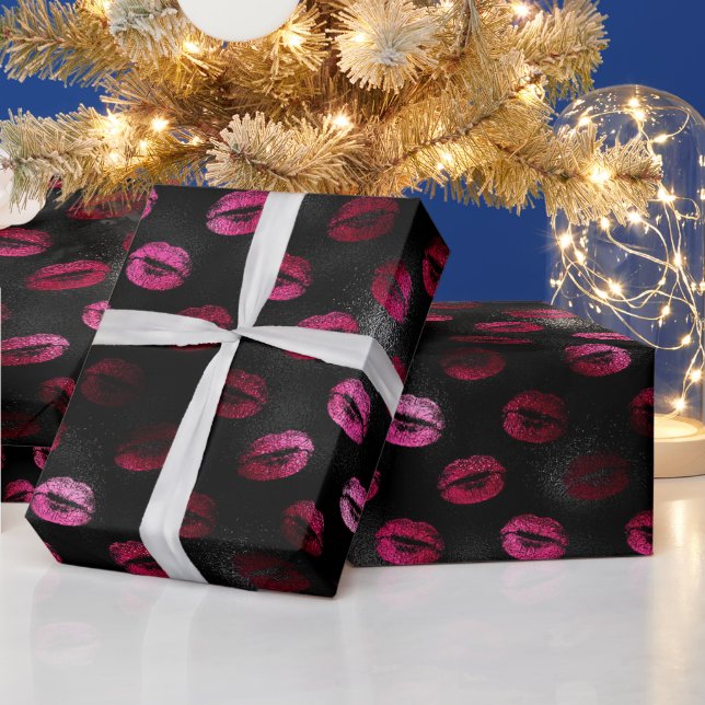 Elegant Hot Pink and Black Glitter Lipstick Lips Wrapping Paper (Holidays)