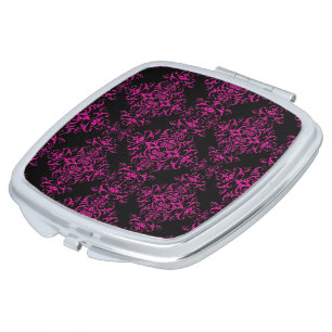 Elegant Hot Pink and Black Victorian Style Damask Makeup Mirror