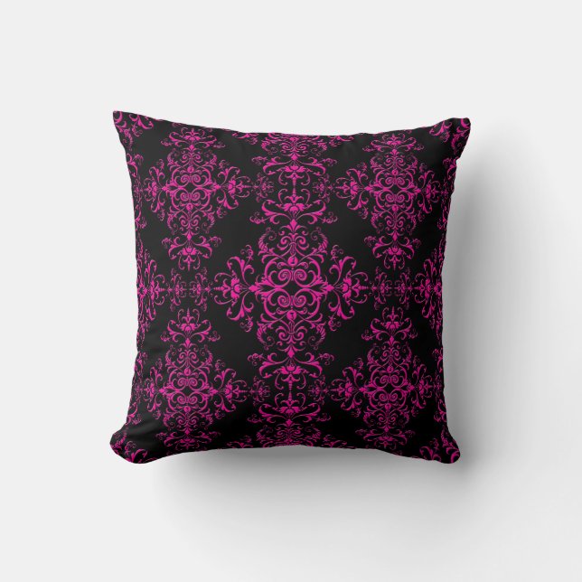 Elegant Hot Pink and Black Victorian Style Damask Throw Pillow (Front)