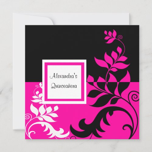 Elegant Hot Pink and Black Vine Quinceanera Invitation